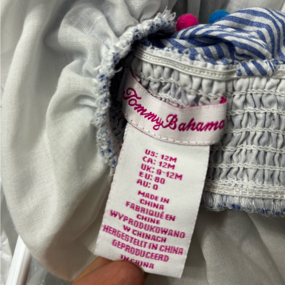 Tommy Bahama Blue Striped Dress with Colorful Pom Poms - Picture 3 of 4